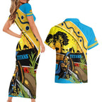 Titans Rugby ANZAC Day Couples Matching Short Sleeve Bodycon Dress and Hawaiian Shirt GLD Mascot Rosemary Starry Night