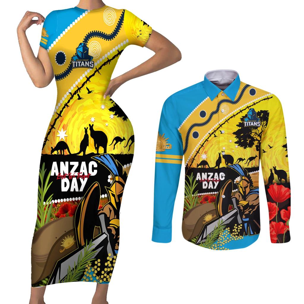 Titans Rugby ANZAC Day Couples Matching Short Sleeve Bodycon Dress and Long Sleeve Button Shirt GLD Mascot Rosemary Starry Night
