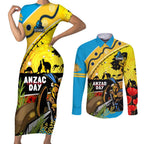 Titans Rugby ANZAC Day Couples Matching Short Sleeve Bodycon Dress and Long Sleeve Button Shirt GLD Mascot Rosemary Starry Night