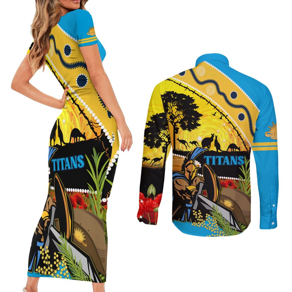 Titans Rugby ANZAC Day Couples Matching Short Sleeve Bodycon Dress and Long Sleeve Button Shirt GLD Mascot Rosemary Starry Night