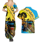 Titans Rugby ANZAC Day Couples Matching Summer Maxi Dress and Hawaiian Shirt GLD Mascot Rosemary Starry Night