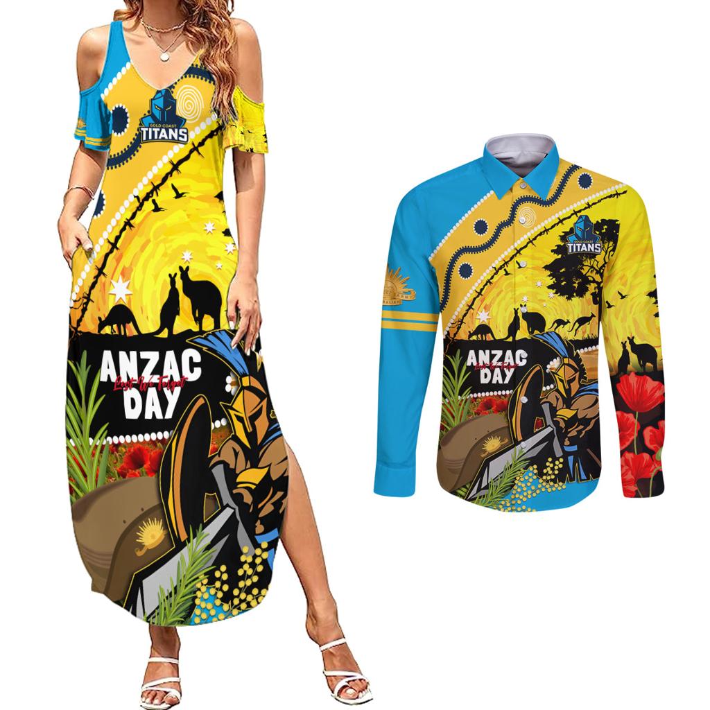 Titans Rugby ANZAC Day Couples Matching Summer Maxi Dress and Long Sleeve Button Shirt GLD Mascot Rosemary Starry Night