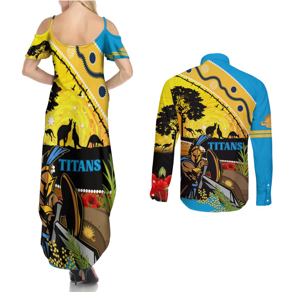 Titans Rugby ANZAC Day Couples Matching Summer Maxi Dress and Long Sleeve Button Shirt GLD Mascot Rosemary Starry Night