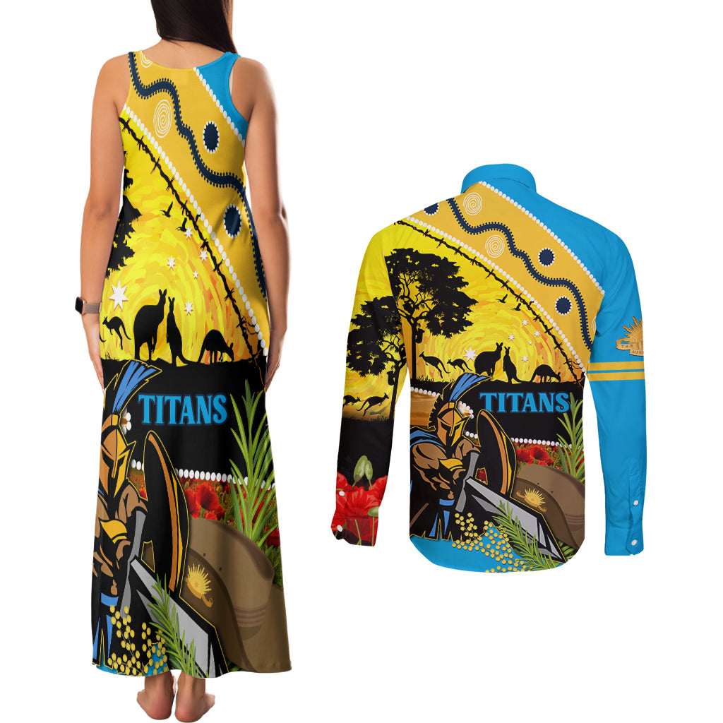 Titans Rugby ANZAC Day Couples Matching Tank Maxi Dress and Long Sleeve Button Shirt GLD Mascot Rosemary Starry Night