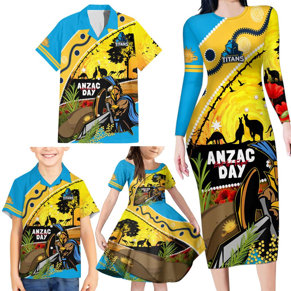 Titans Rugby ANZAC Day Family Matching Long Sleeve Bodycon Dress and Hawaiian Shirt GLD Mascot Rosemary Starry Night
