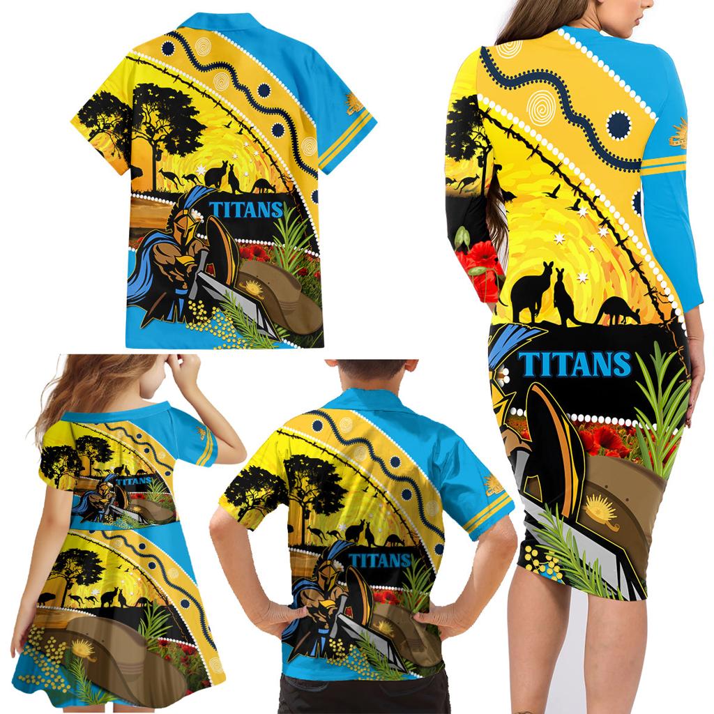 Titans Rugby ANZAC Day Family Matching Long Sleeve Bodycon Dress and Hawaiian Shirt GLD Mascot Rosemary Starry Night