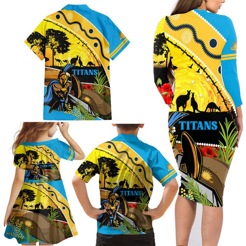 Titans Rugby ANZAC Day Family Matching Long Sleeve Bodycon Dress and Hawaiian Shirt GLD Mascot Rosemary Starry Night