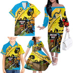 Titans Rugby ANZAC Day Family Matching Off Shoulder Long Sleeve Dress and Hawaiian Shirt GLD Mascot Rosemary Starry Night
