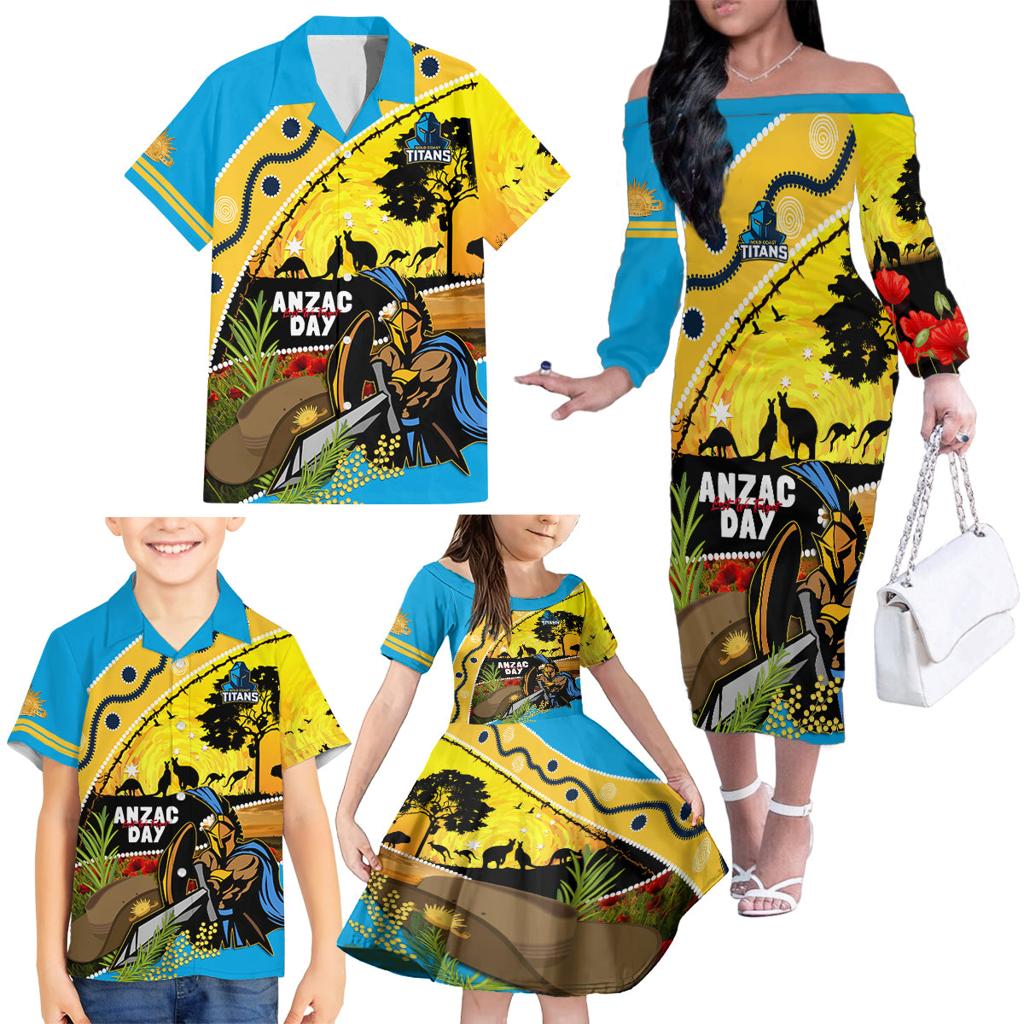 Titans Rugby ANZAC Day Family Matching Off Shoulder Long Sleeve Dress and Hawaiian Shirt GLD Mascot Rosemary Starry Night