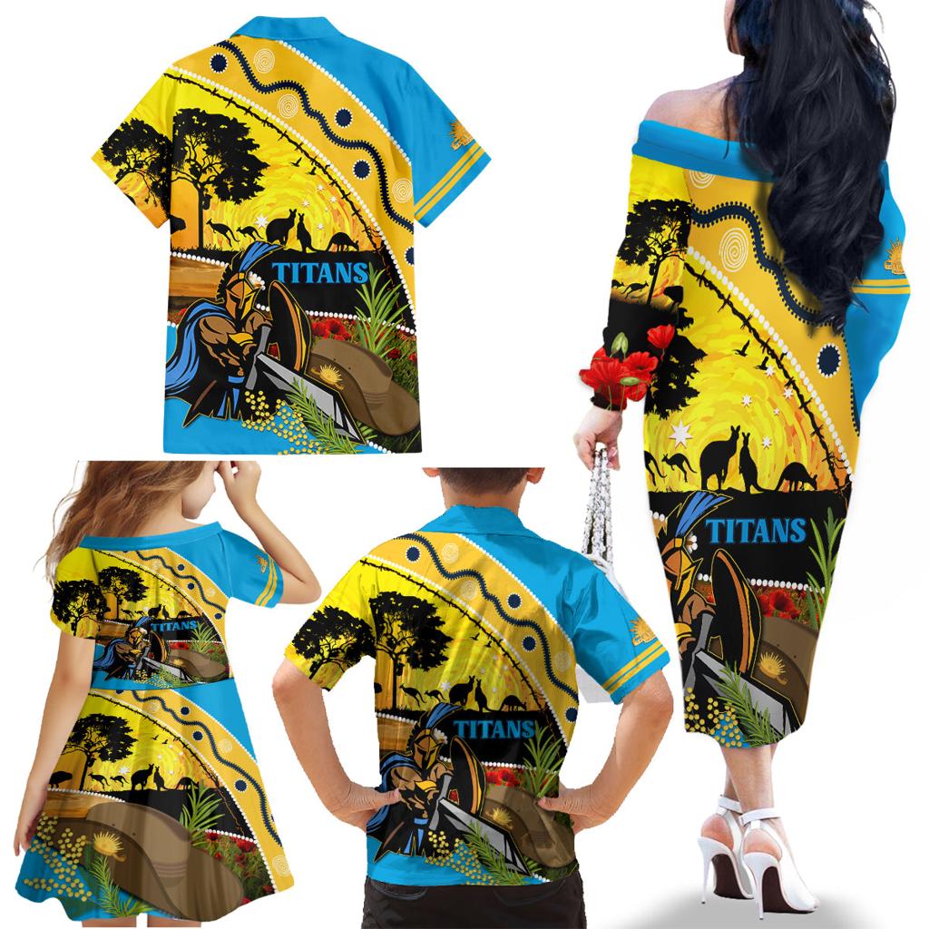 Titans Rugby ANZAC Day Family Matching Off Shoulder Long Sleeve Dress and Hawaiian Shirt GLD Mascot Rosemary Starry Night