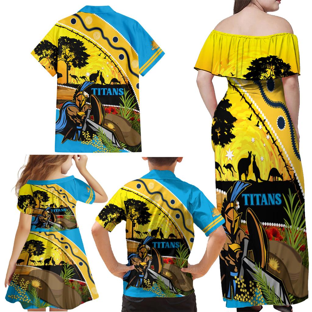Titans Rugby ANZAC Day Family Matching Off Shoulder Maxi Dress and Hawaiian Shirt GLD Mascot Rosemary Starry Night