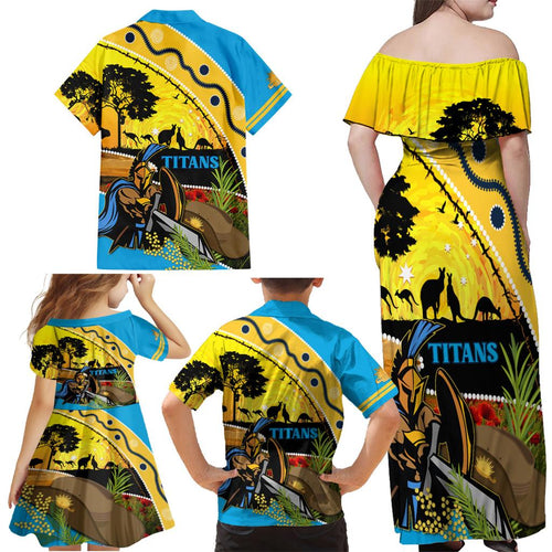 Titans Rugby ANZAC Day Family Matching Off Shoulder Maxi Dress and Hawaiian Shirt GLD Mascot Rosemary Starry Night