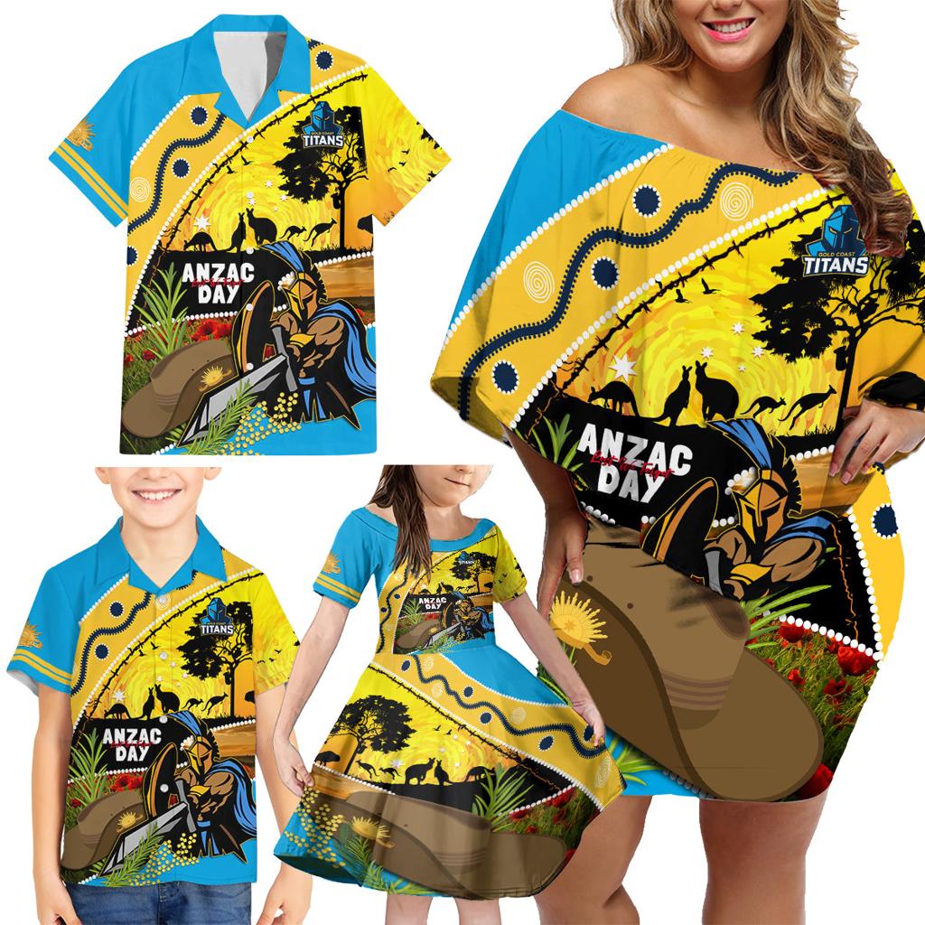 Titans Rugby ANZAC Day Family Matching Off Shoulder Short Dress and Hawaiian Shirt GLD Mascot Rosemary Starry Night