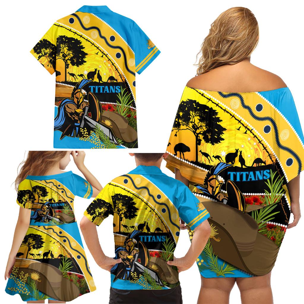 Titans Rugby ANZAC Day Family Matching Off Shoulder Short Dress and Hawaiian Shirt GLD Mascot Rosemary Starry Night