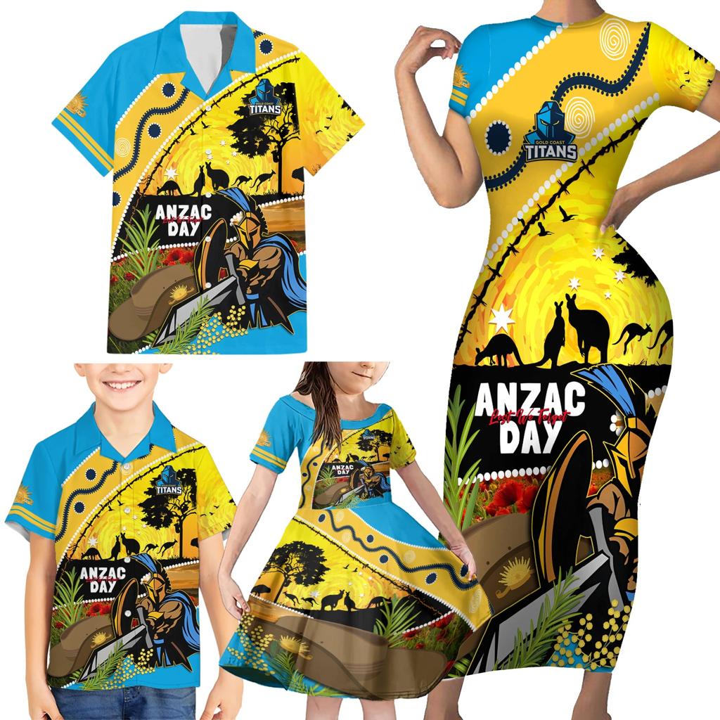 Titans Rugby ANZAC Day Family Matching Short Sleeve Bodycon Dress and Hawaiian Shirt GLD Mascot Rosemary Starry Night