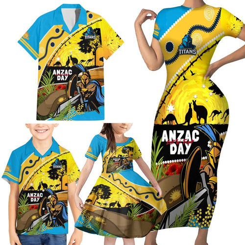 Titans Rugby ANZAC Day Family Matching Short Sleeve Bodycon Dress and Hawaiian Shirt GLD Mascot Rosemary Starry Night