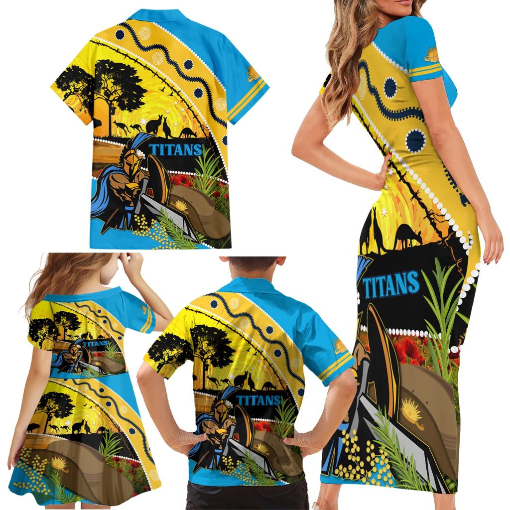 Titans Rugby ANZAC Day Family Matching Short Sleeve Bodycon Dress and Hawaiian Shirt GLD Mascot Rosemary Starry Night