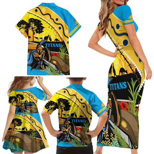 Titans Rugby ANZAC Day Family Matching Short Sleeve Bodycon Dress and Hawaiian Shirt GLD Mascot Rosemary Starry Night
