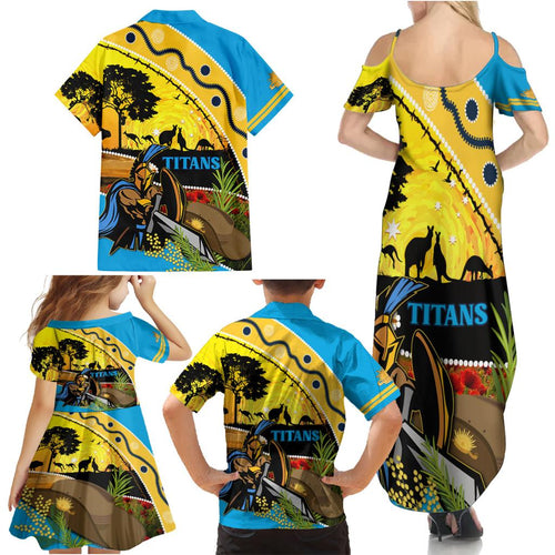 Titans Rugby ANZAC Day Family Matching Summer Maxi Dress and Hawaiian Shirt GLD Mascot Rosemary Starry Night