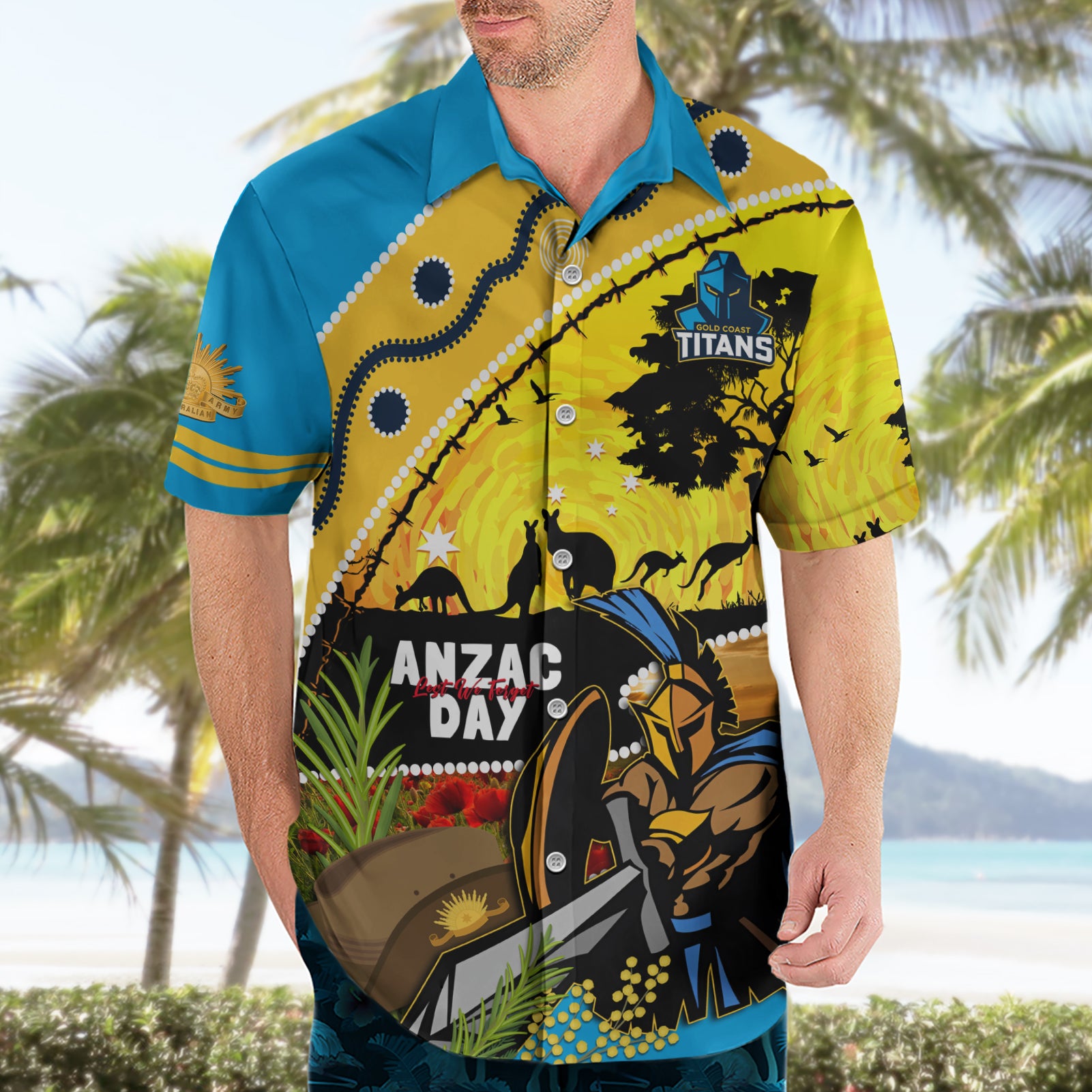 Titans Rugby ANZAC Day Hawaiian Shirt GLD Mascot Rosemary Starry Night