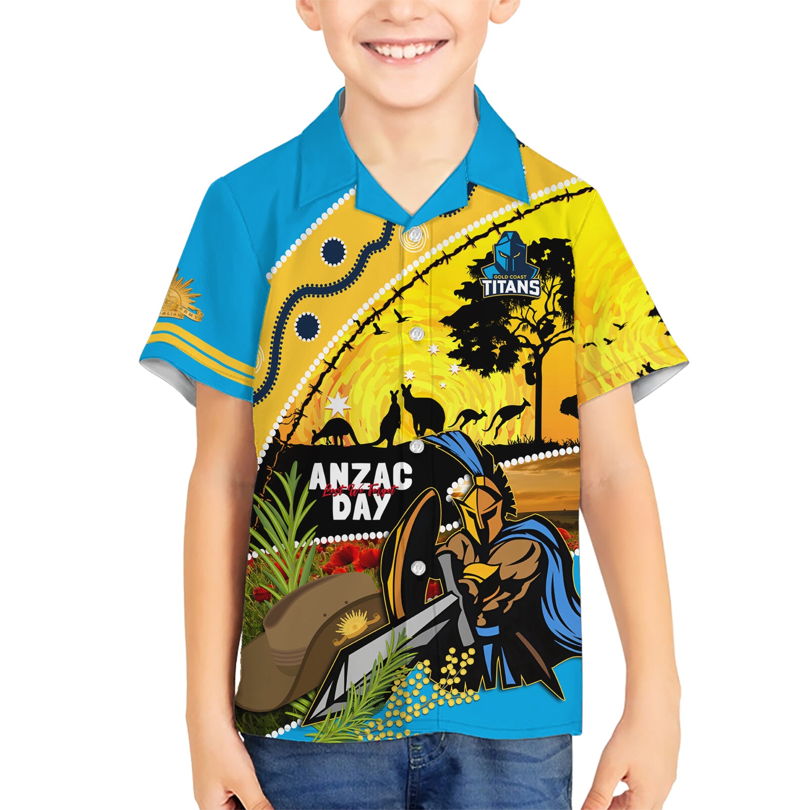Titans Rugby ANZAC Day Kid Hawaiian Shirt GLD Mascot Rosemary Starry Night