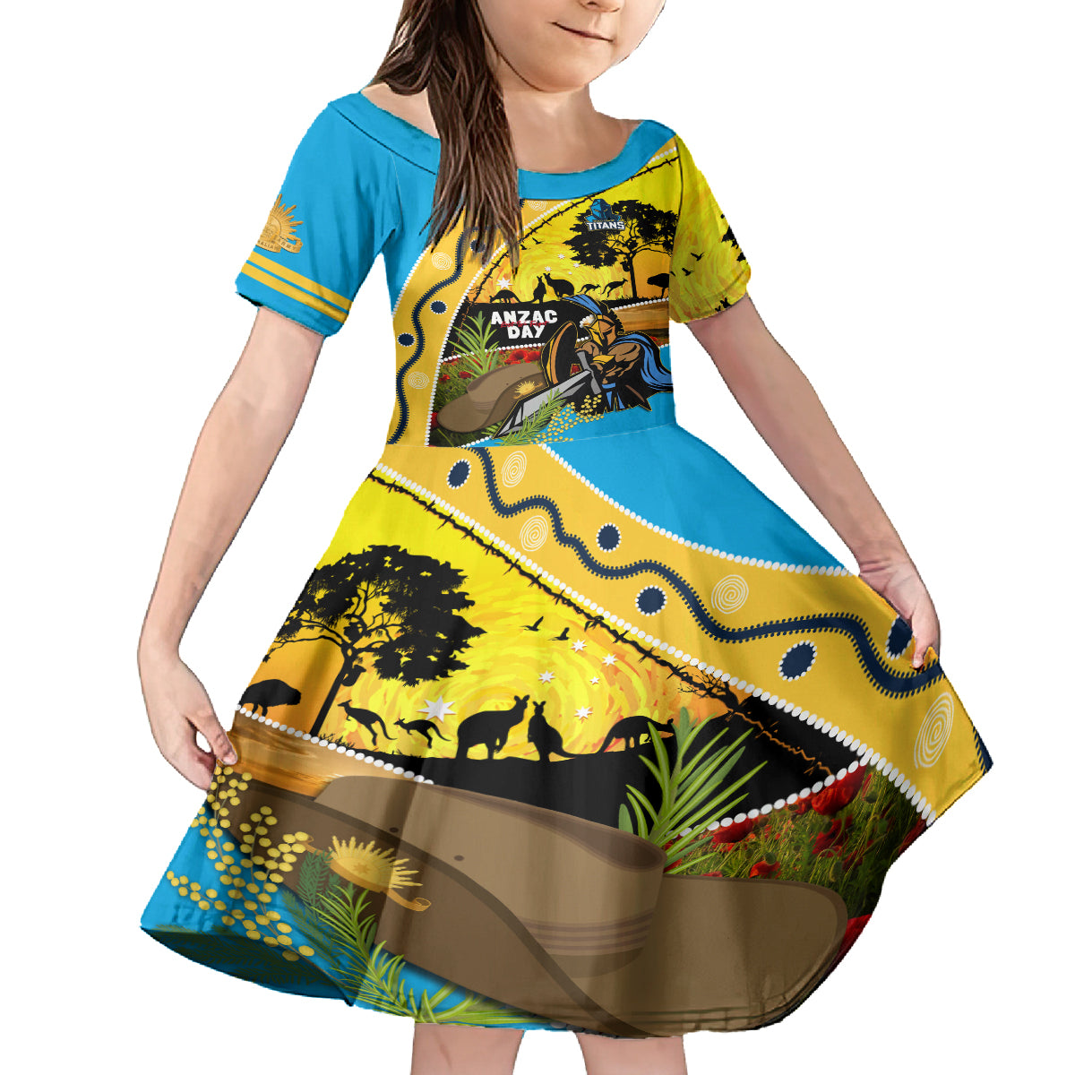 Titans Rugby ANZAC Day Kid Short Sleeve Dress GLD Mascot Rosemary Starry Night