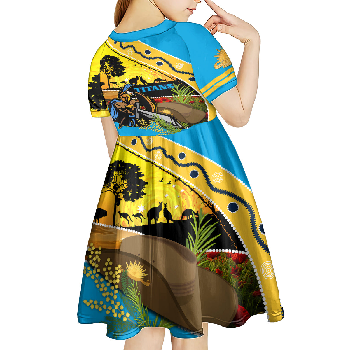 Titans Rugby ANZAC Day Kid Short Sleeve Dress GLD Mascot Rosemary Starry Night