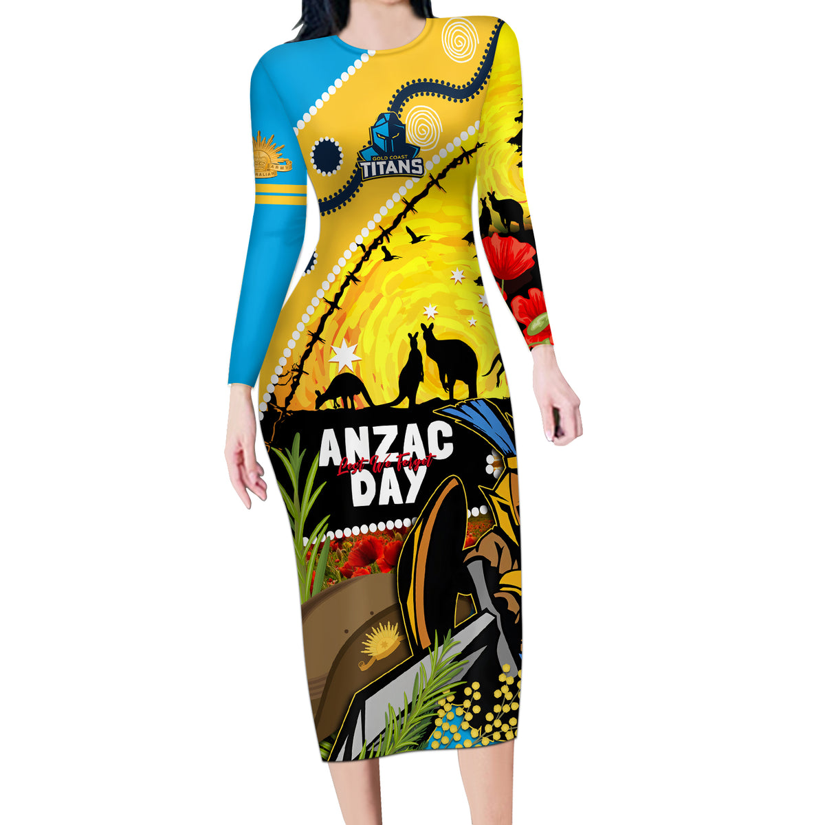 Titans Rugby ANZAC Day Long Sleeve Bodycon Dress GLD Mascot Rosemary Starry Night