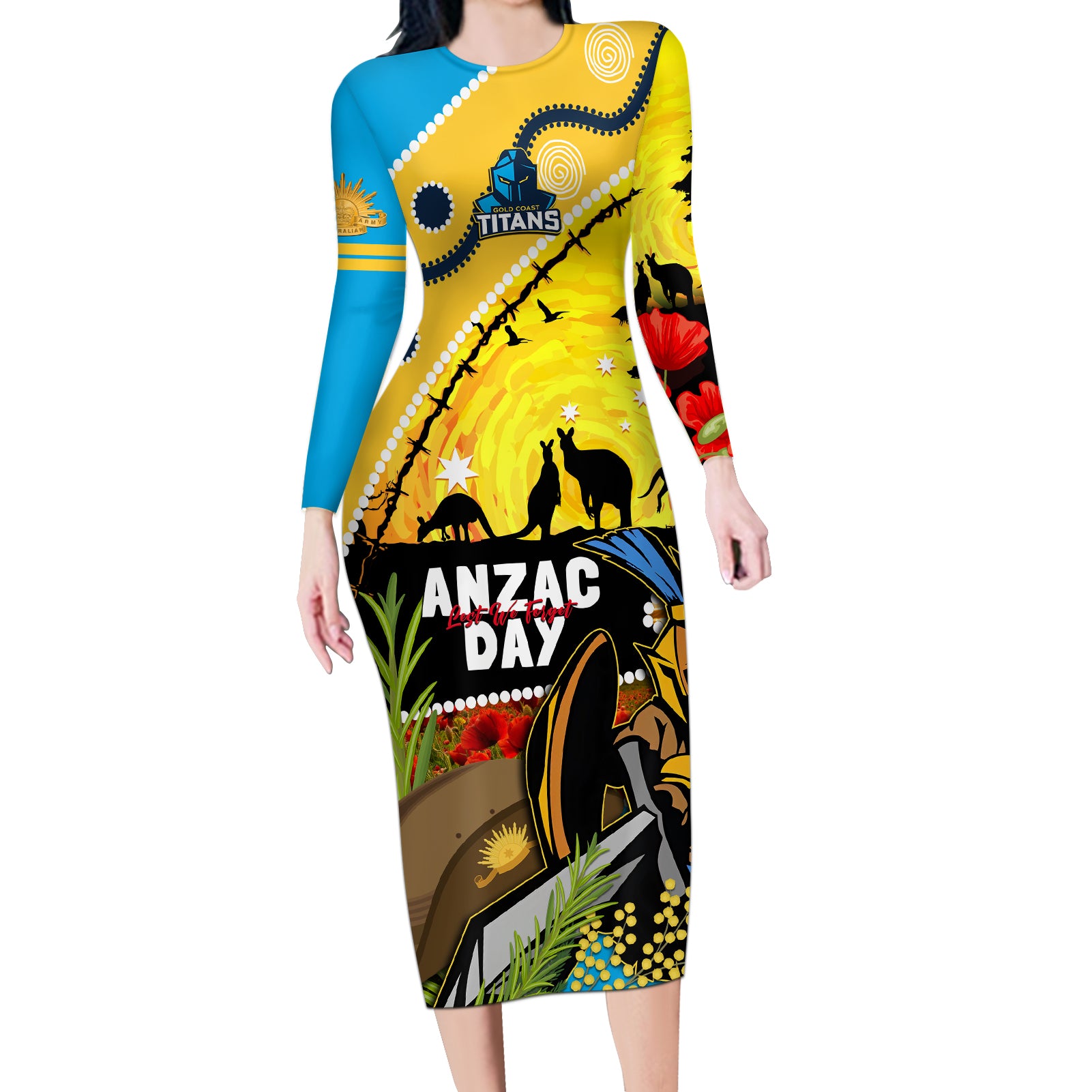 Titans Rugby ANZAC Day Long Sleeve Bodycon Dress GLD Mascot Rosemary Starry Night
