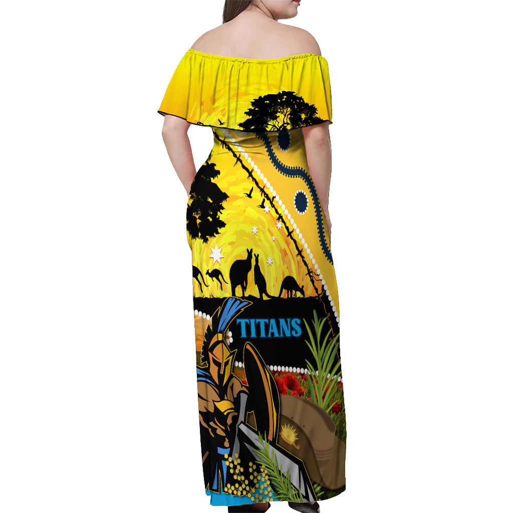 Titans Rugby ANZAC Day Off Shoulder Maxi Dress GLD Mascot Rosemary Starry Night
