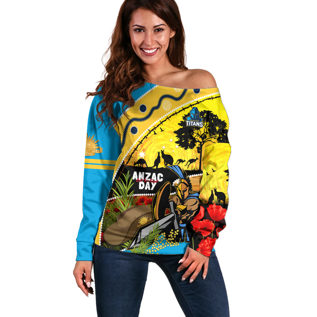 Titans Rugby ANZAC Day Off Shoulder Sweater GLD Mascot Rosemary Starry Night