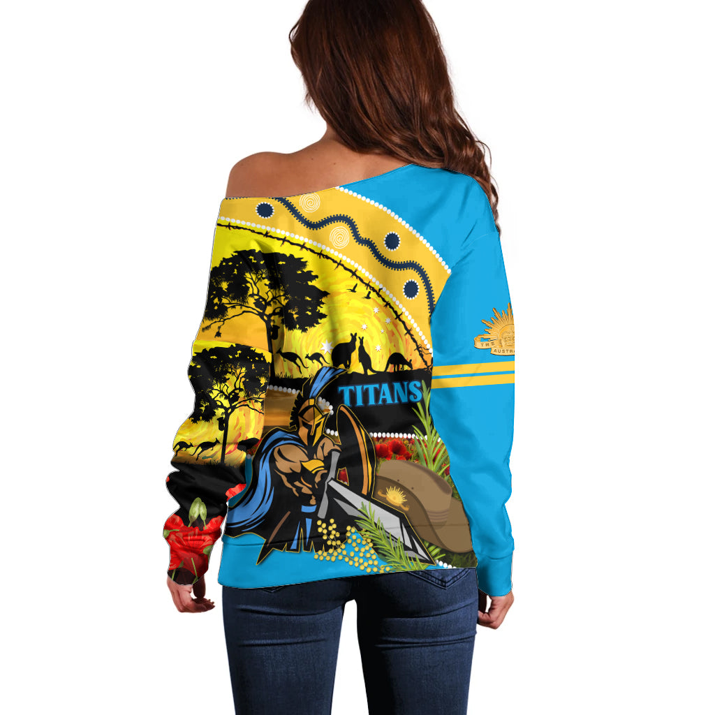 Titans Rugby ANZAC Day Off Shoulder Sweater GLD Mascot Rosemary Starry Night