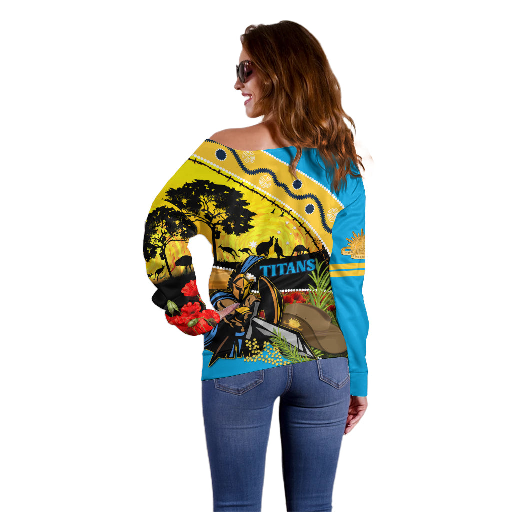 Titans Rugby ANZAC Day Off Shoulder Sweater GLD Mascot Rosemary Starry Night