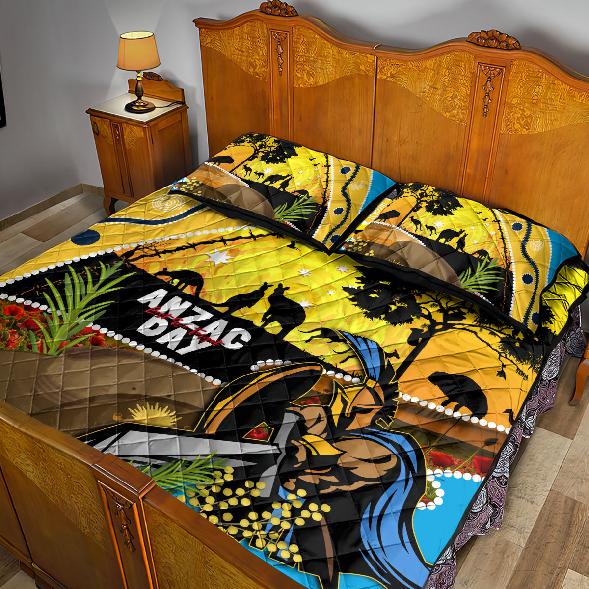 Titans Rugby ANZAC Day Quilt Bed Set GLD Mascot Rosemary Starry Night