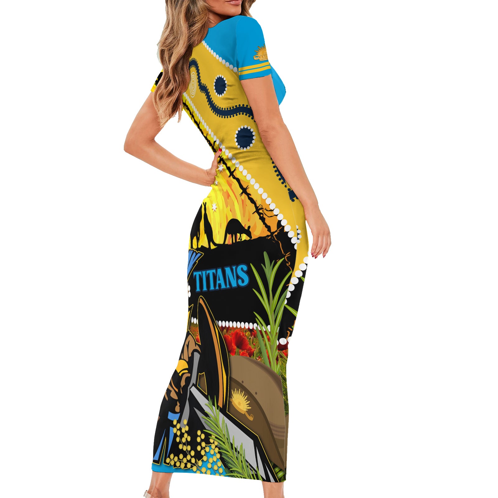 Titans Rugby ANZAC Day Short Sleeve Bodycon Dress GLD Mascot Rosemary Starry Night