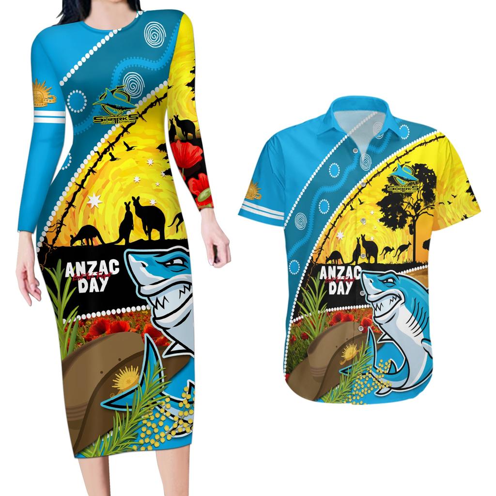 Sharks Rugby ANZAC Day Couples Matching Long Sleeve Bodycon Dress and Hawaiian Shirt Sharkies Rosemary Starry Night
