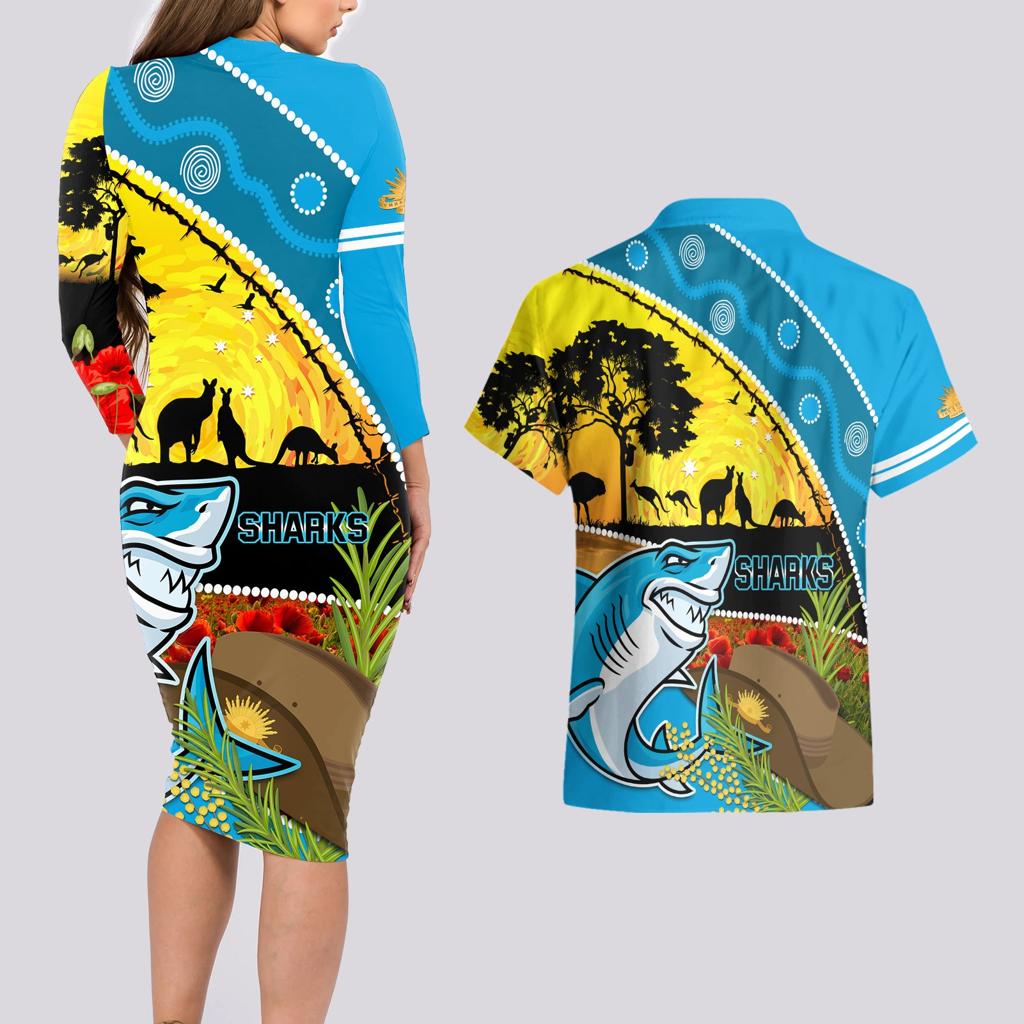 Sharks Rugby ANZAC Day Couples Matching Long Sleeve Bodycon Dress and Hawaiian Shirt Sharkies Rosemary Starry Night