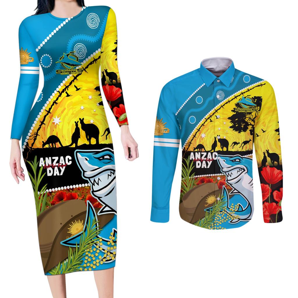 Sharks Rugby ANZAC Day Couples Matching Long Sleeve Bodycon Dress and Long Sleeve Button Shirt Sharkies Rosemary Starry Night