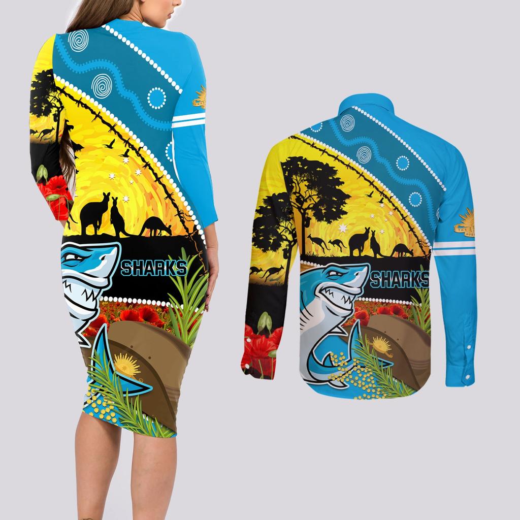 Sharks Rugby ANZAC Day Couples Matching Long Sleeve Bodycon Dress and Long Sleeve Button Shirt Sharkies Rosemary Starry Night