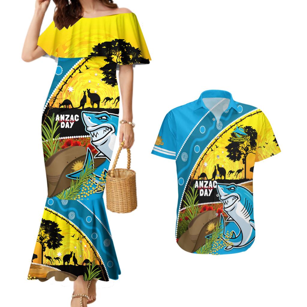 Sharks Rugby ANZAC Day Couples Matching Mermaid Dress and Hawaiian Shirt Sharkies Rosemary Starry Night