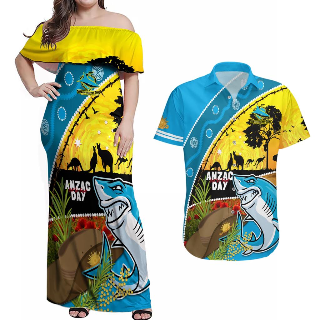 Sharks Rugby ANZAC Day Couples Matching Off Shoulder Maxi Dress and Hawaiian Shirt Sharkies Rosemary Starry Night