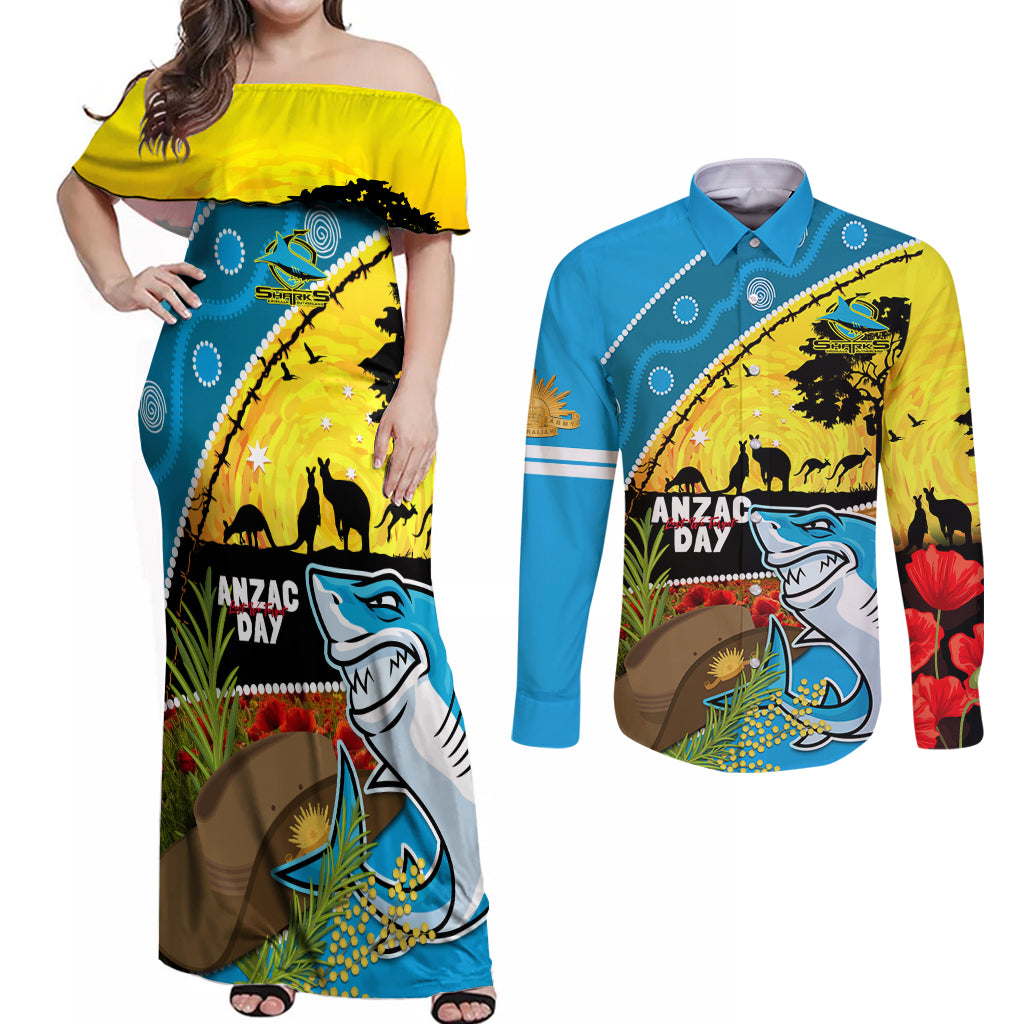 Sharks Rugby ANZAC Day Couples Matching Off Shoulder Maxi Dress and Long Sleeve Button Shirt Sharkies Rosemary Starry Night