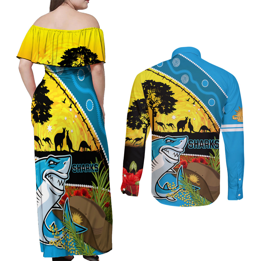 Sharks Rugby ANZAC Day Couples Matching Off Shoulder Maxi Dress and Long Sleeve Button Shirt Sharkies Rosemary Starry Night