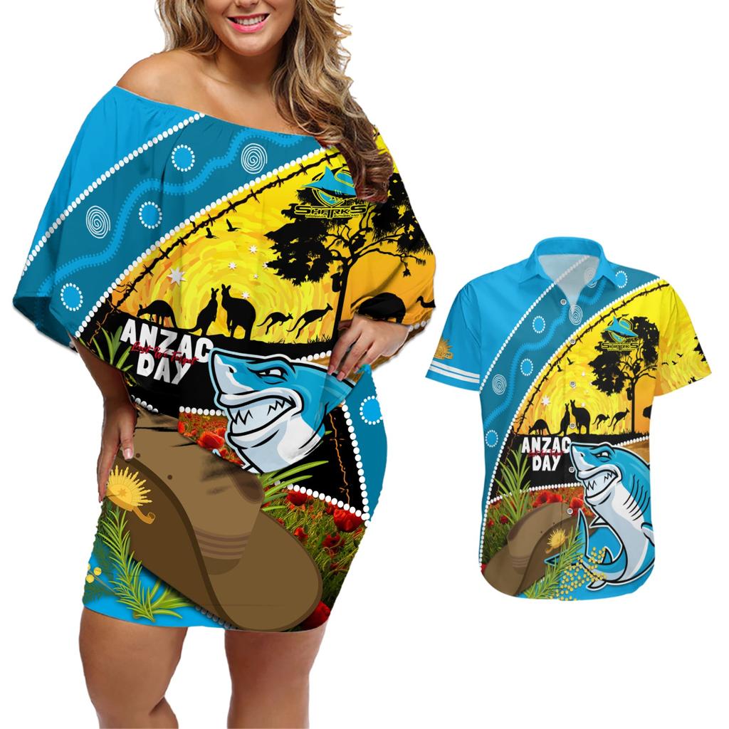 Sharks Rugby ANZAC Day Couples Matching Off Shoulder Short Dress and Hawaiian Shirt Sharkies Rosemary Starry Night