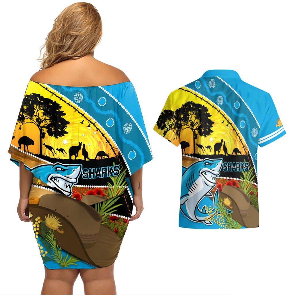 Sharks Rugby ANZAC Day Couples Matching Off Shoulder Short Dress and Hawaiian Shirt Sharkies Rosemary Starry Night