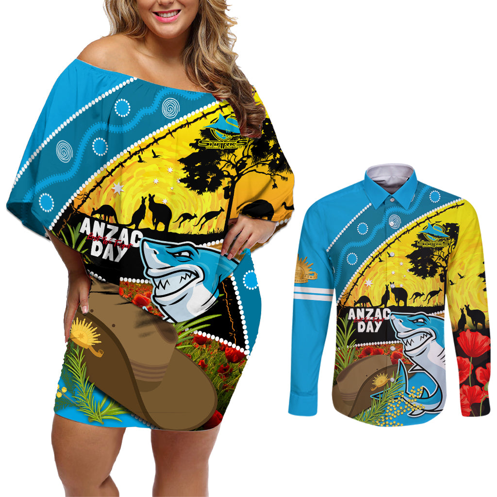 Sharks Rugby ANZAC Day Couples Matching Off Shoulder Short Dress and Long Sleeve Button Shirt Sharkies Rosemary Starry Night