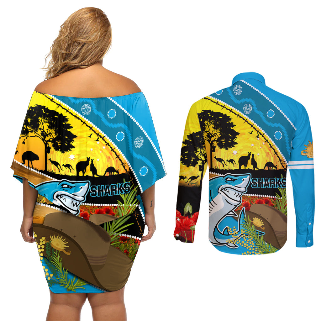 Sharks Rugby ANZAC Day Couples Matching Off Shoulder Short Dress and Long Sleeve Button Shirt Sharkies Rosemary Starry Night