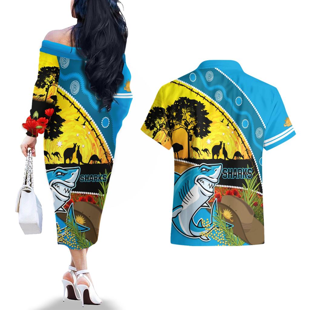 Sharks Rugby ANZAC Day Couples Matching Off The Shoulder Long Sleeve Dress and Hawaiian Shirt Sharkies Rosemary Starry Night