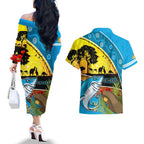 Sharks Rugby ANZAC Day Couples Matching Off The Shoulder Long Sleeve Dress and Hawaiian Shirt Sharkies Rosemary Starry Night