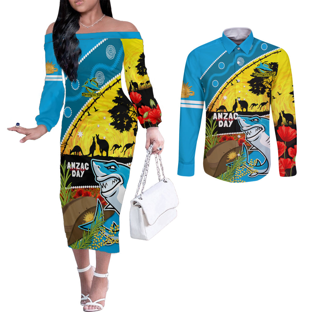 Sharks Rugby ANZAC Day Couples Matching Off The Shoulder Long Sleeve Dress and Long Sleeve Button Shirt Sharkies Rosemary Starry Night